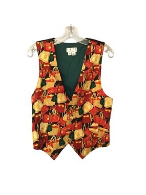 Tapp Vintage 100% Silk Purse Print Vest Small Red Gold Chain